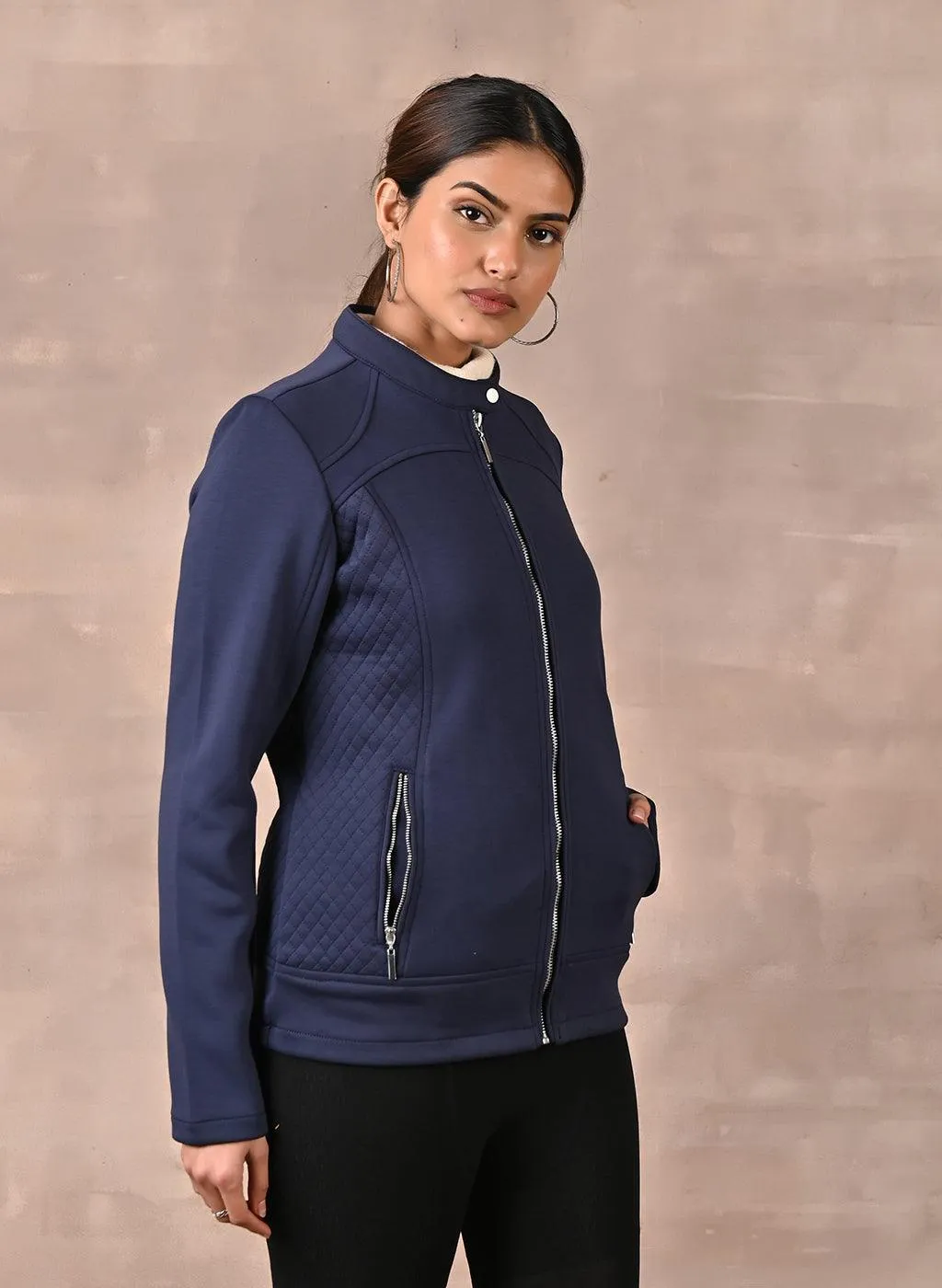 Navy Blue Quilted Jacket with Zipper Detail