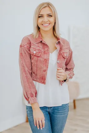 Never Felt This Good Acid Washed Denim Long Sleeve Jacket in Marsala