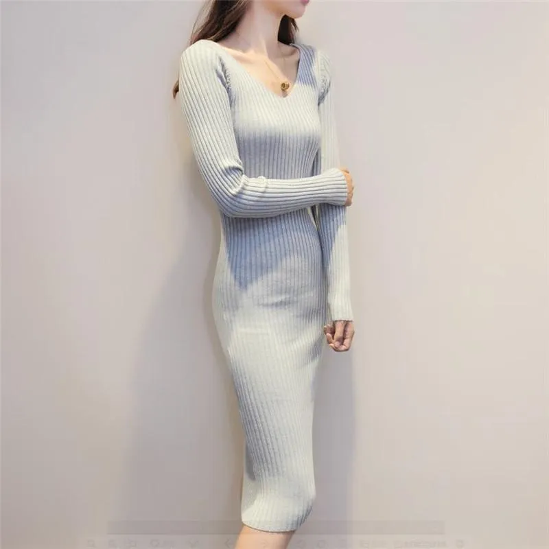 New Brand Autumn and Winter Long V-Neck Slim Sweater Dress For Women