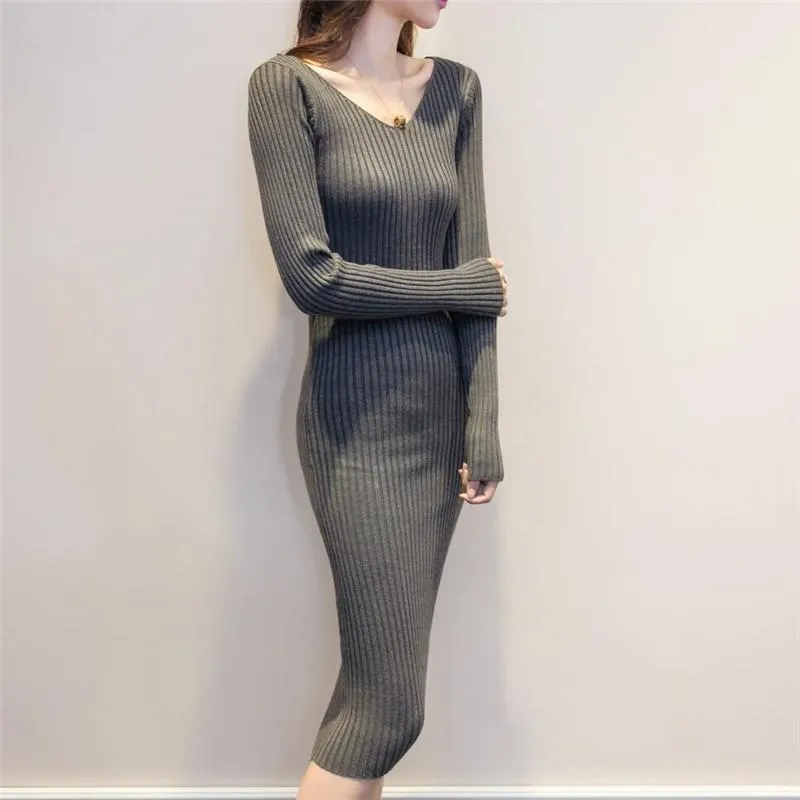 New Brand Autumn and Winter Long V-Neck Slim Sweater Dress For Women