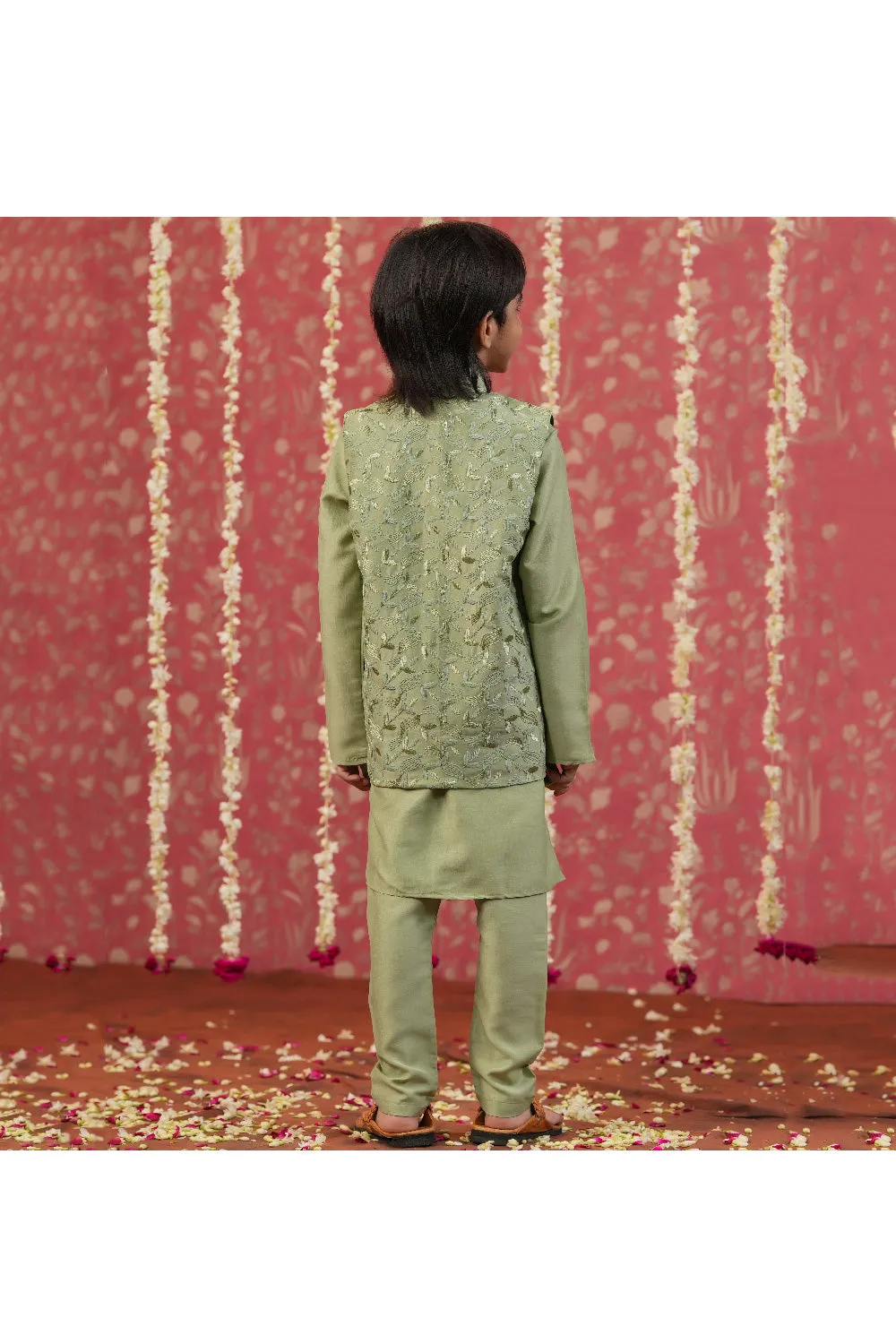 Olive Green Asymmetrical Kurta With Embroidered Jacket Set