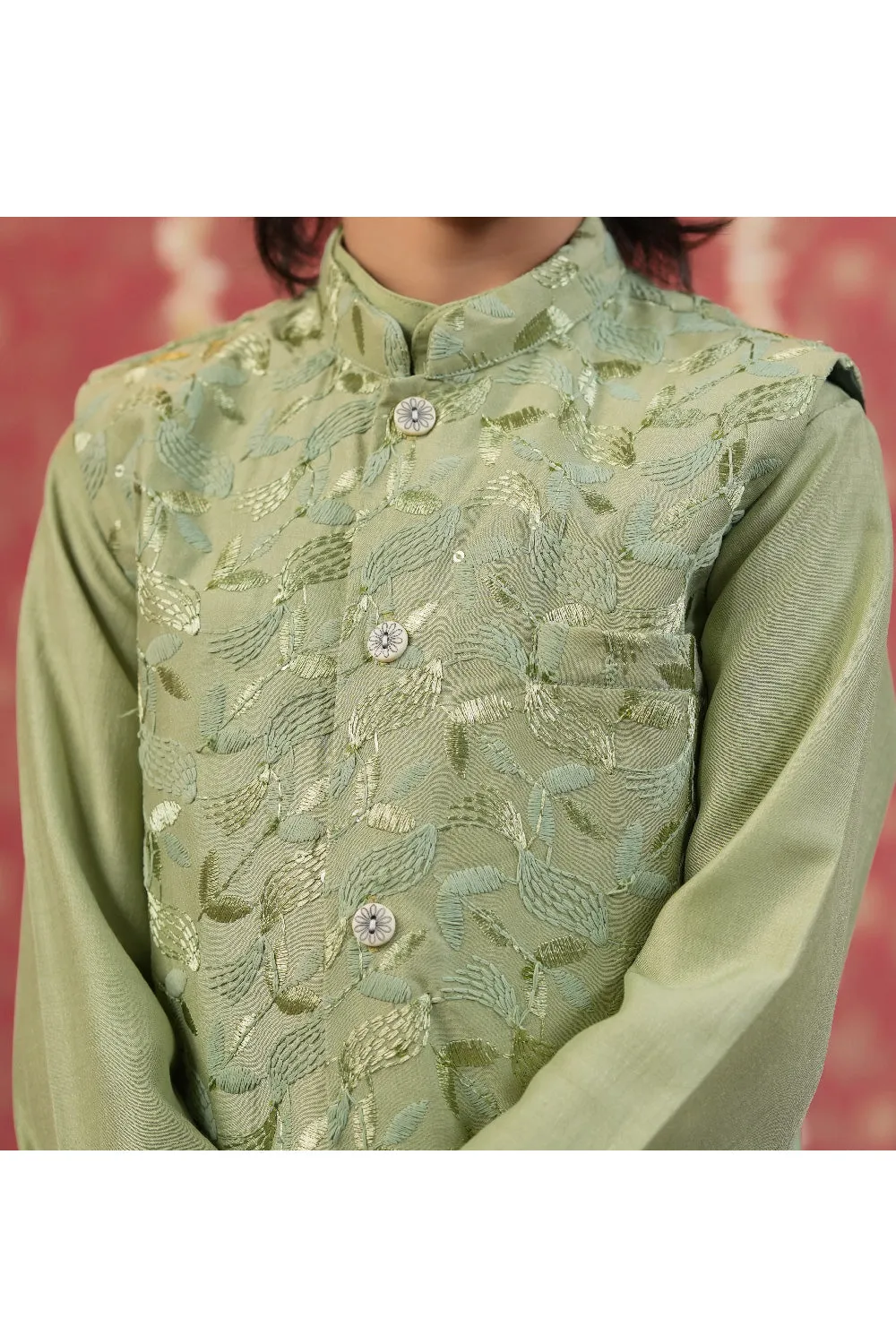 Olive Green Asymmetrical Kurta With Embroidered Jacket Set