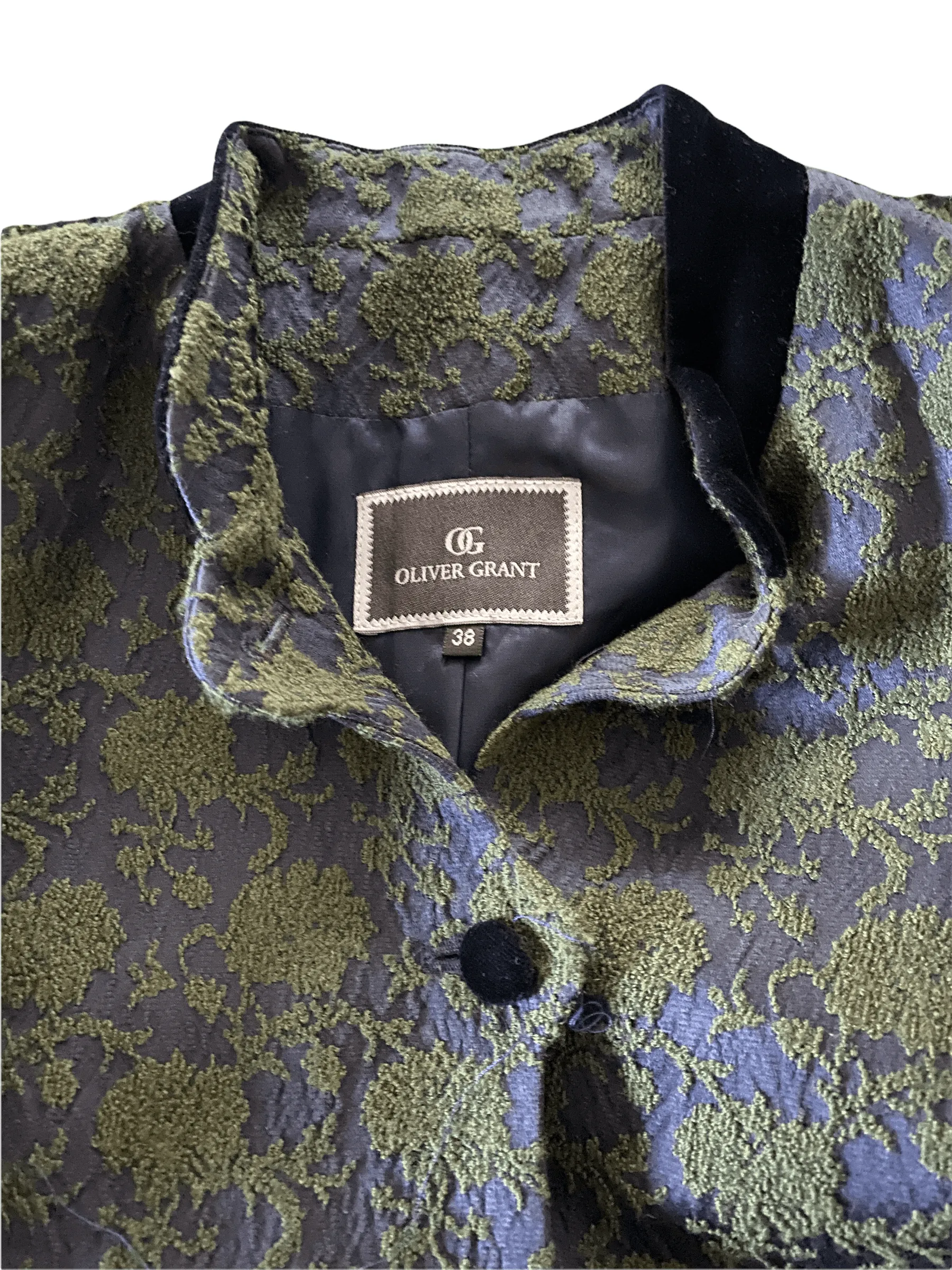 Oliver Grant Round Collar Jacket Blue and Green with Velvet Trim Size Eu 38 UK 10