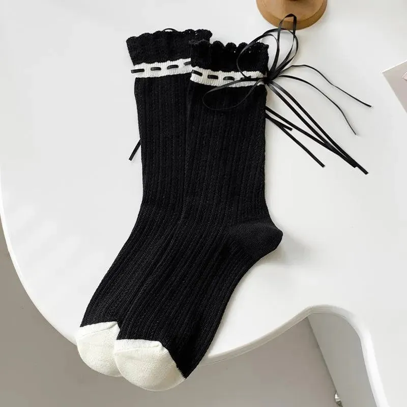 One Pair of Cotton Crew Socks With Ribbon | Lolita Socks | Cute Socks