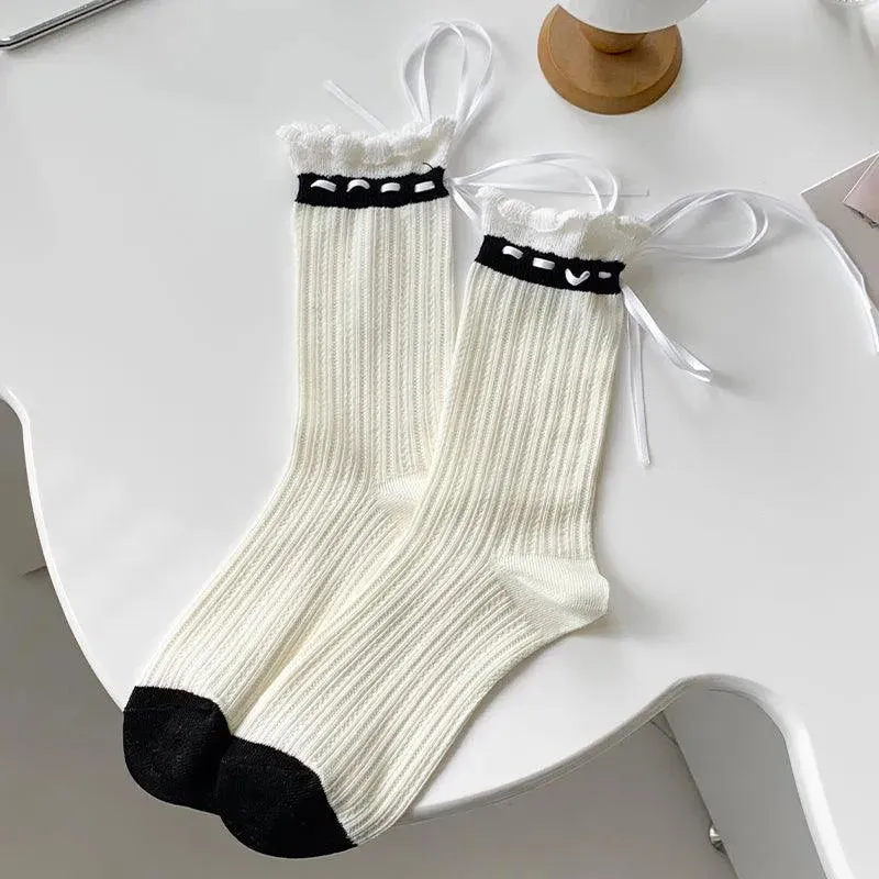 One Pair of Cotton Crew Socks With Ribbon | Lolita Socks | Cute Socks