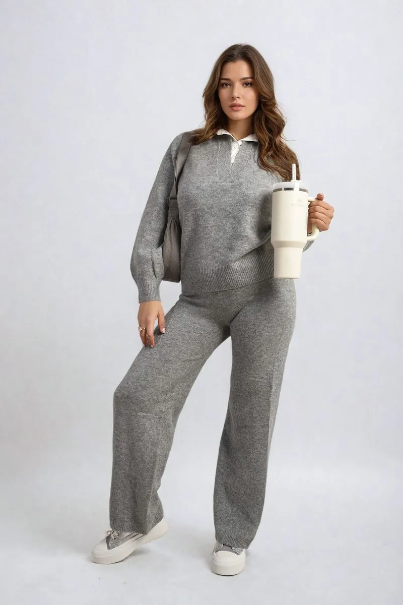 Patricia Long Sleeve Knitted Collar Top and Wide Leg Pants Co-ord Set