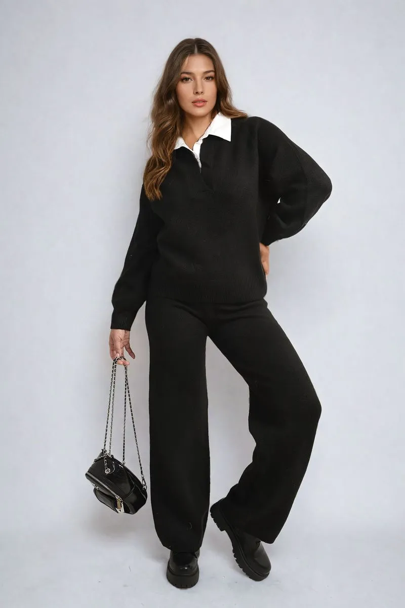 Patricia Long Sleeve Knitted Collar Top and Wide Leg Pants Co-ord Set