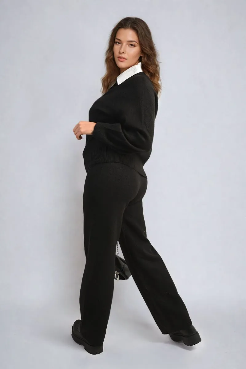 Patricia Long Sleeve Knitted Collar Top and Wide Leg Pants Co-ord Set