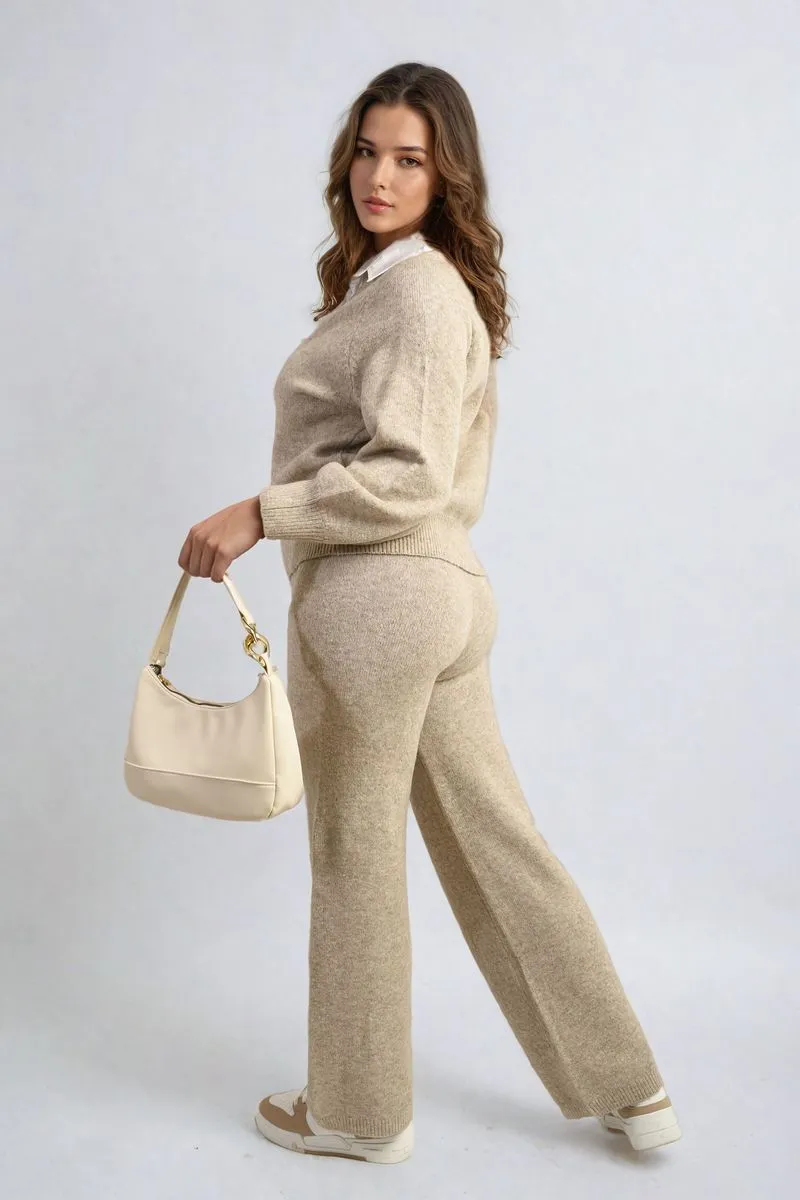 Patricia Long Sleeve Knitted Collar Top and Wide Leg Pants Co-ord Set