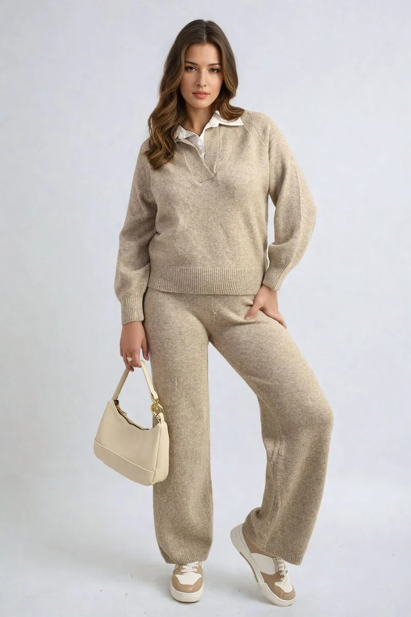 Patricia Long Sleeve Knitted Collar Top and Wide Leg Pants Co-ord Set