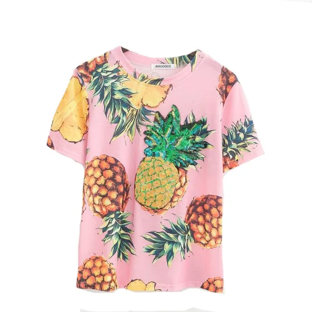 Pineapple Printed with Sequines Summer Tees