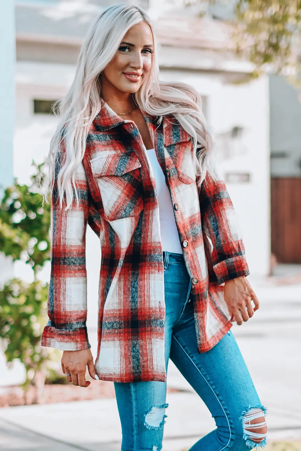 Plaid Button Up Shirt Jacket with Pockets