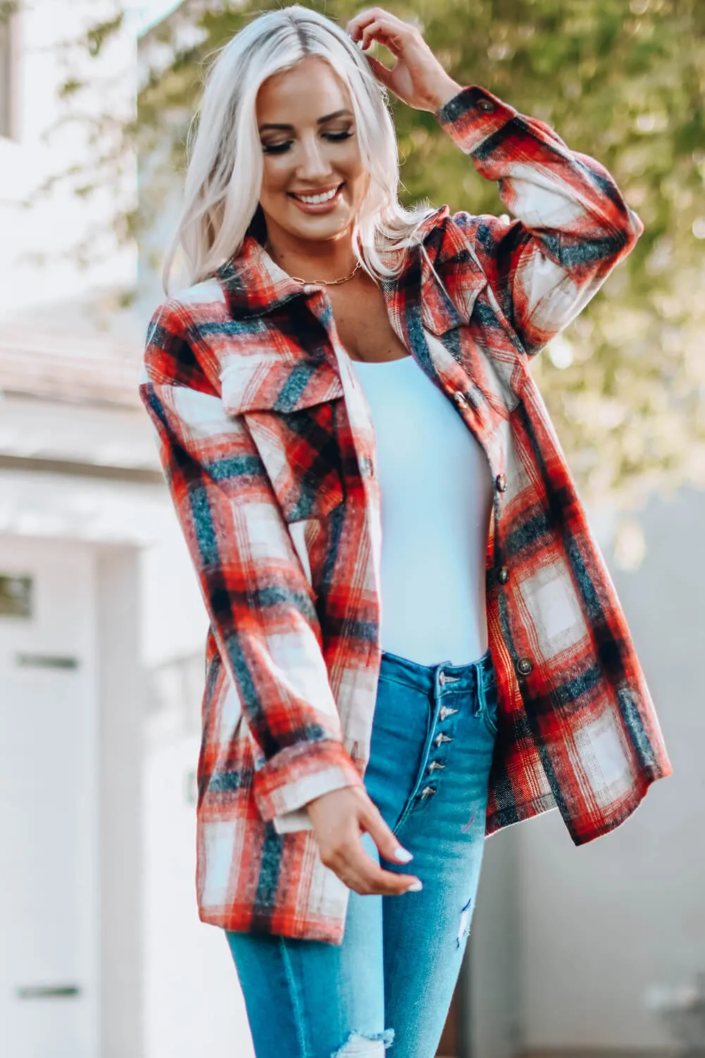 Plaid Button Up Shirt Jacket with Pockets