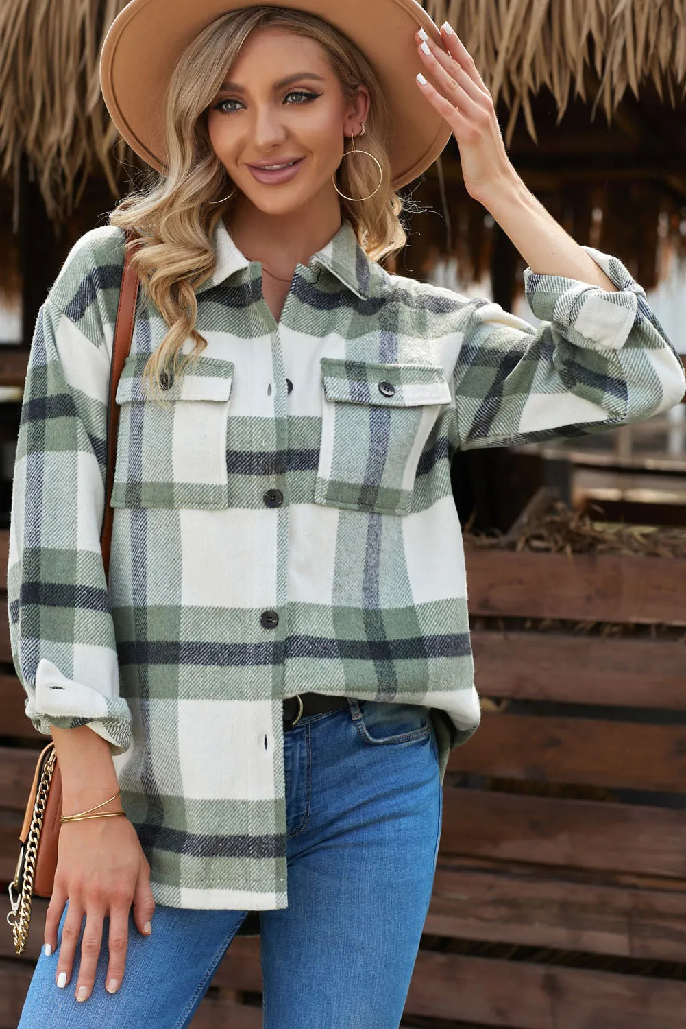 Plaid Dropped Shoulder Pocket Shacket