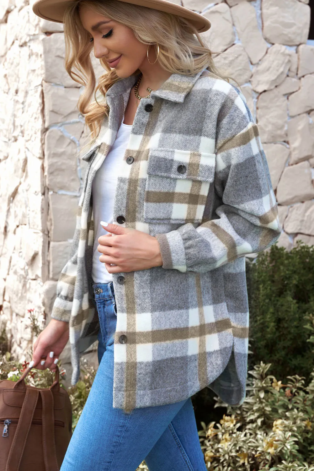 Plaid Dropped Shoulder Pocket Shacket