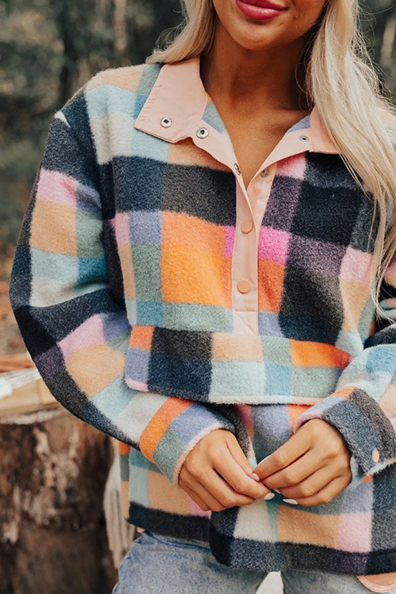 Plaid Multicolor Half Button Sweatshirt