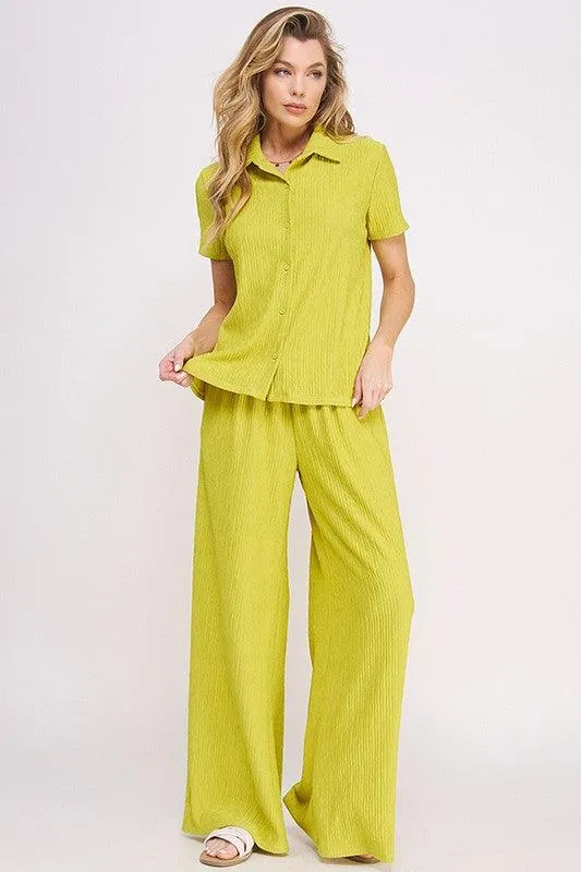 PLUS TEXTURED SHORT SLV BUTTON DOWN/WIDE PANTS SET