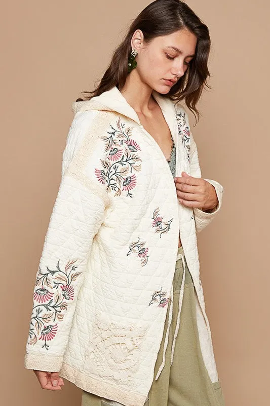 POL Quilted Jacket Cream Floral Embroidered Open with Crochet Pockets