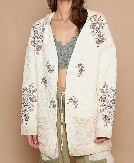 POL Quilted Jacket Cream Floral Embroidered Open with Crochet Pockets