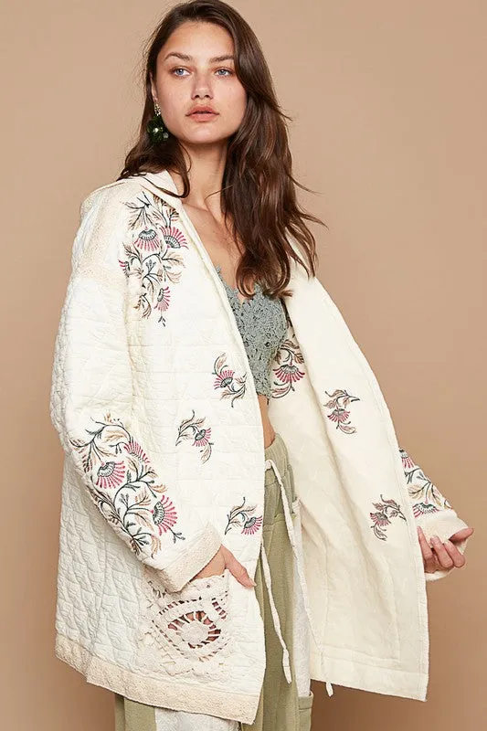 POL Quilted Jacket Cream Floral Embroidered Open with Crochet Pockets