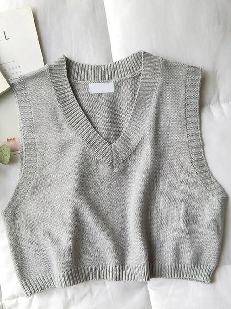 Purpdrank - Women V-Neck Knitted Vest 2023 New Spring Autumn Sweater Vests Short Female Casual Sleeveless Twist Knit Pullovers C9510