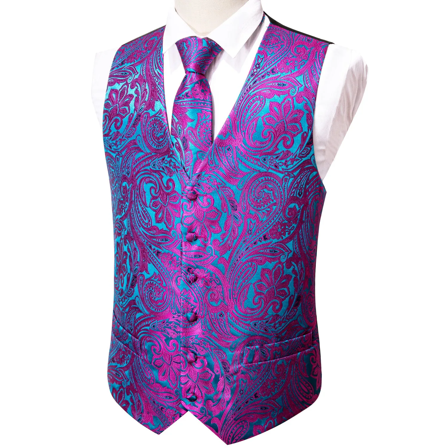 Purple Blue Paisley Jacquard Silk Men's Vest Hanky Cufflinks Tie Set