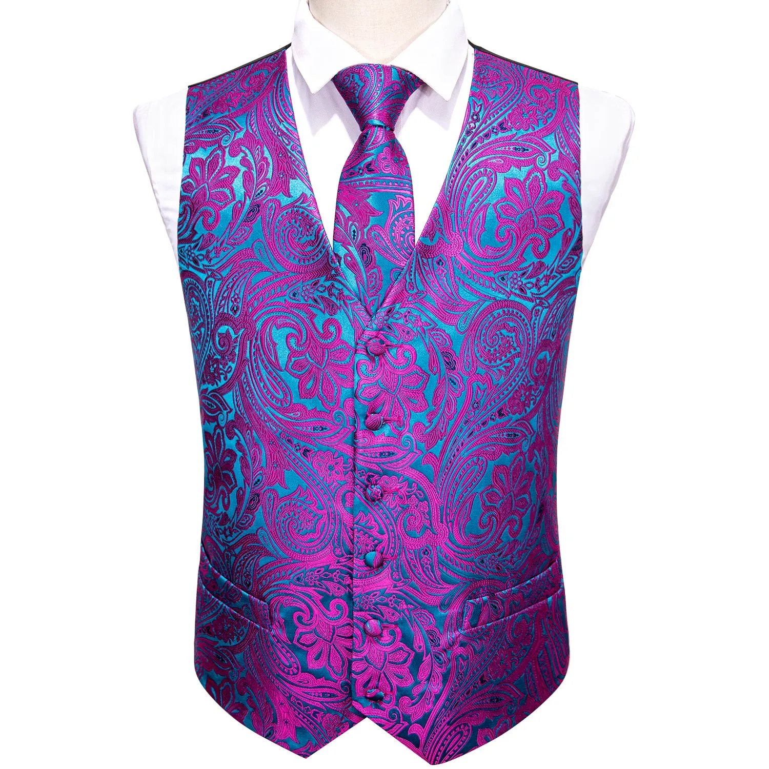 Purple Blue Paisley Jacquard Silk Men's Vest Hanky Cufflinks Tie Set