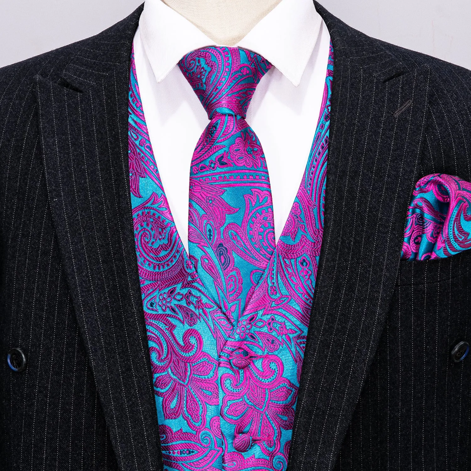 Purple Blue Paisley Jacquard Silk Men's Vest Hanky Cufflinks Tie Set