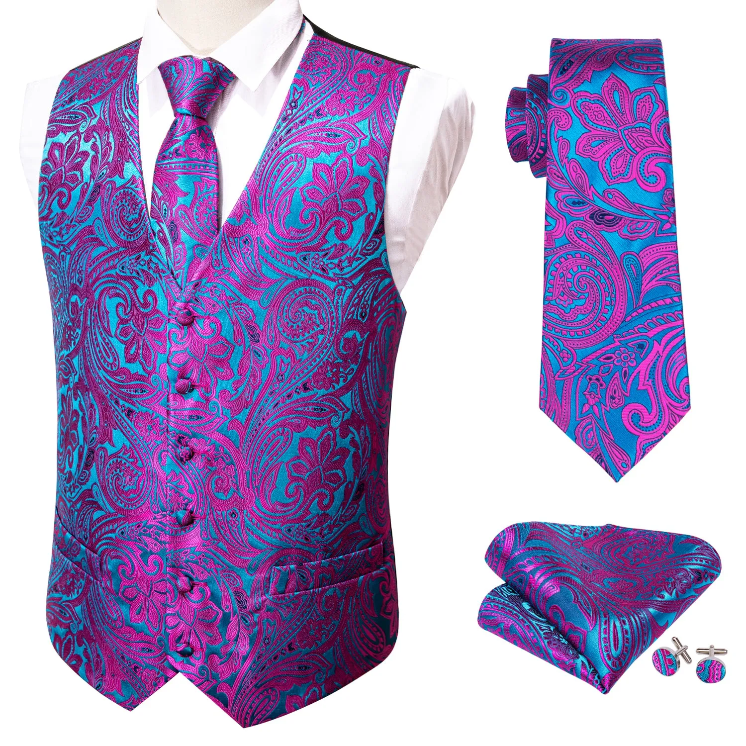 Purple Blue Paisley Jacquard Silk Men's Vest Hanky Cufflinks Tie Set