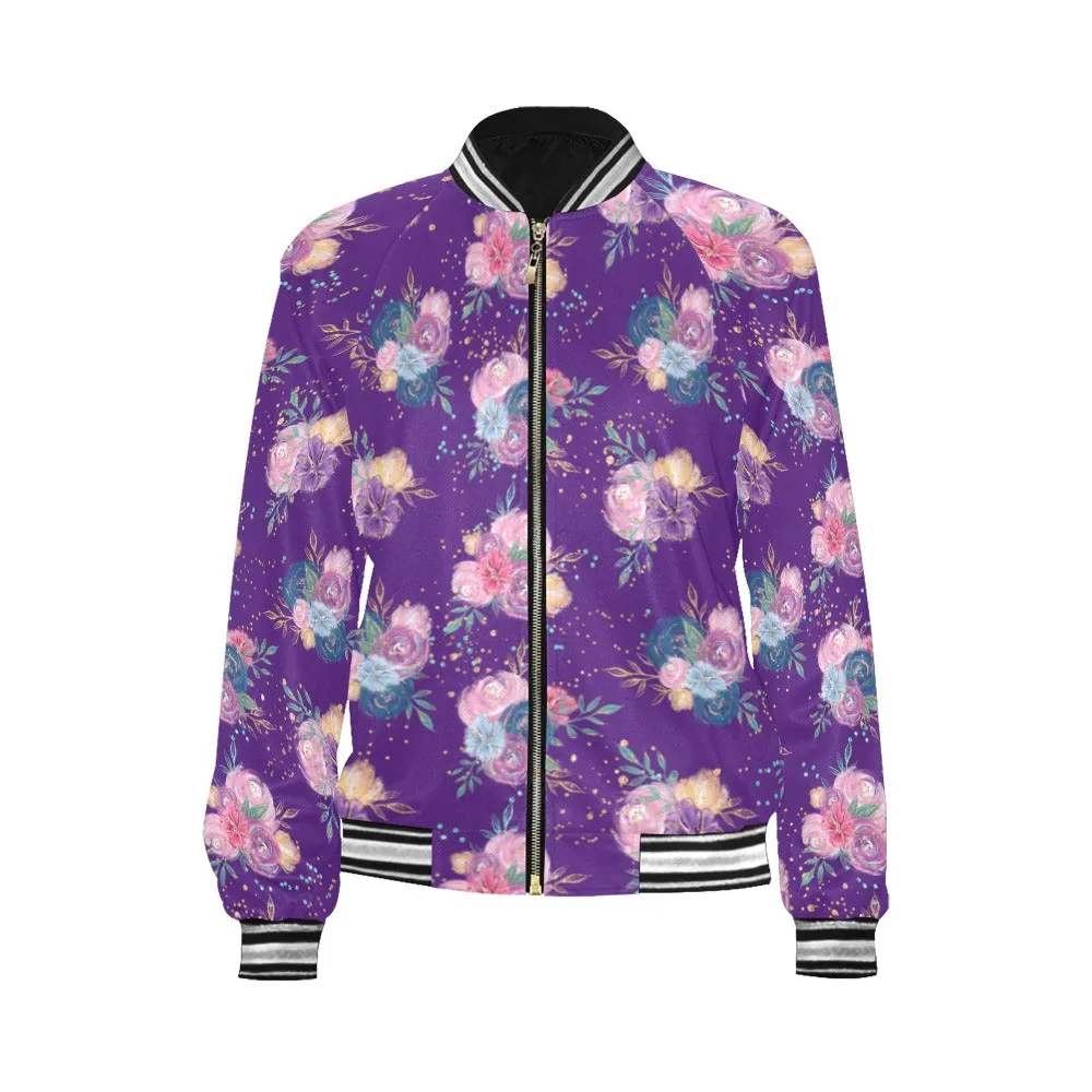 Purple Floral Bomber Jacket for Women