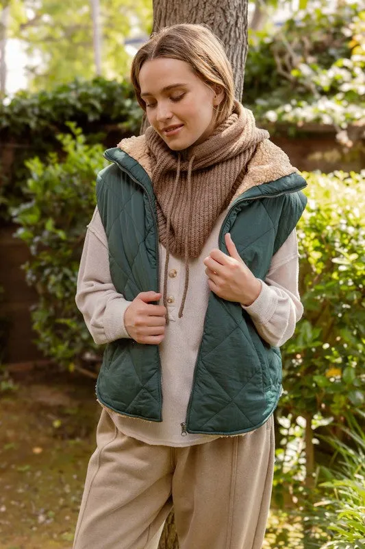 QUILTED ZIP UP FLEECE LINED PUFFER VEST - BEIGE OR HUNTER GREEN