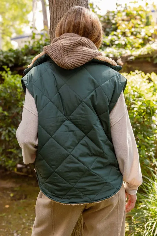 QUILTED ZIP UP FLEECE LINED PUFFER VEST - BEIGE OR HUNTER GREEN