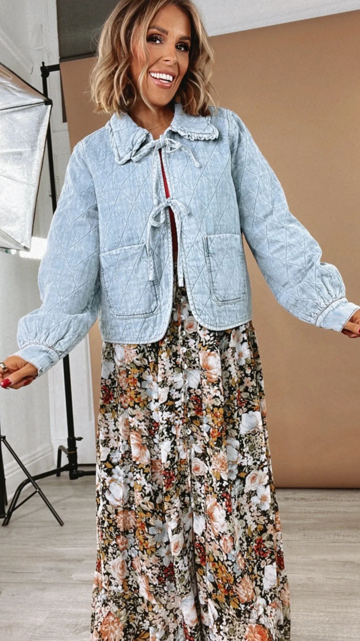 Rare Occasion Ruffle Collar Quilted Denim Jacket