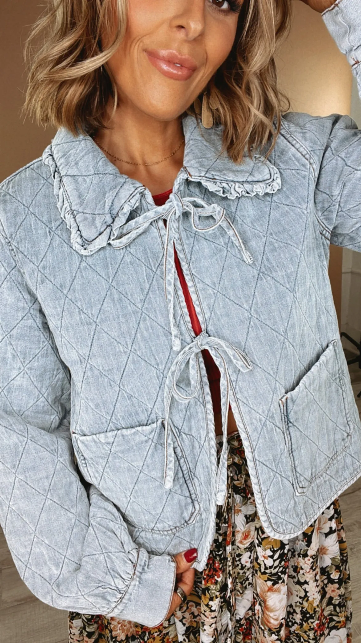 Rare Occasion Ruffle Collar Quilted Denim Jacket