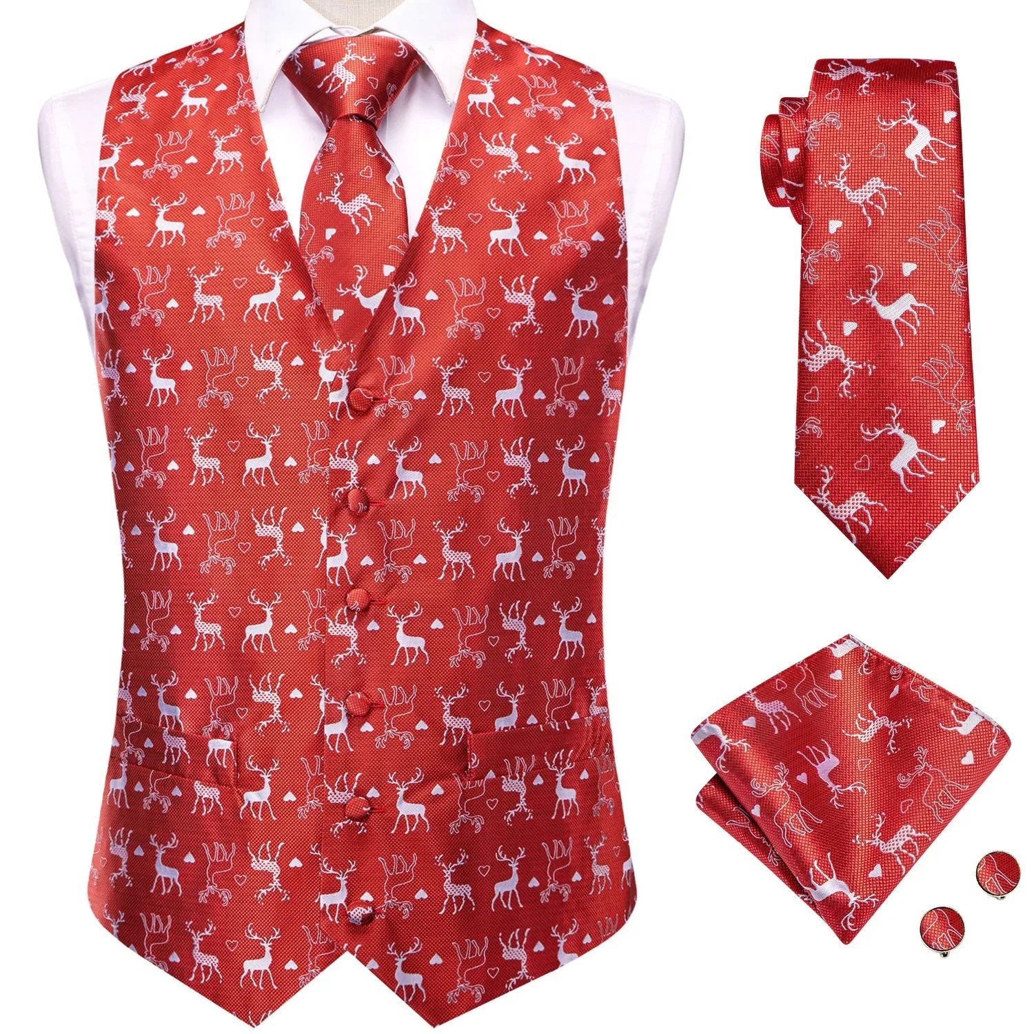 Red White Christmas Deer Novelty Jacquard Silk Men's Vest Hanky Cufflinks Tie Set