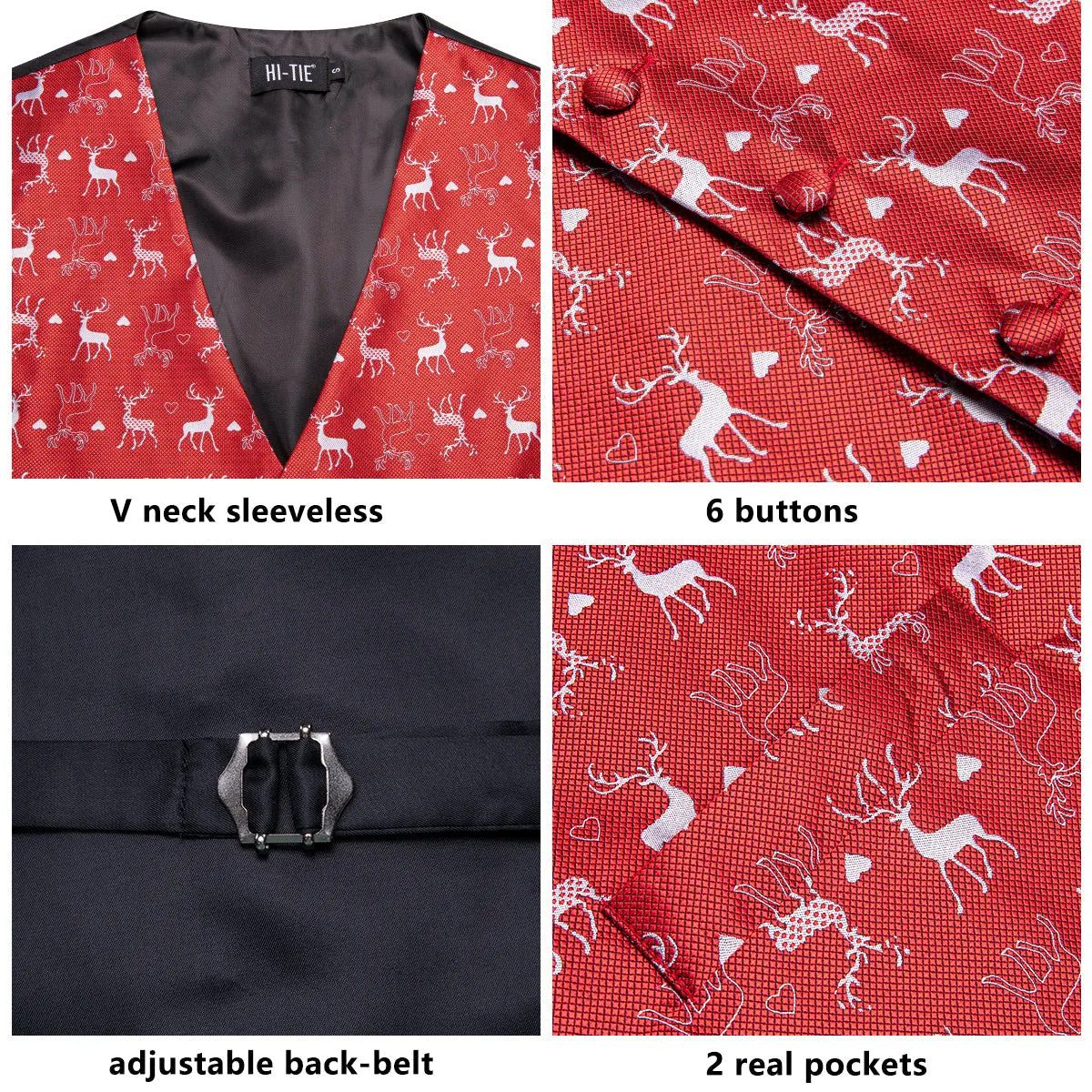 Red White Christmas Deer Novelty Jacquard Silk Men's Vest Hanky Cufflinks Tie Set