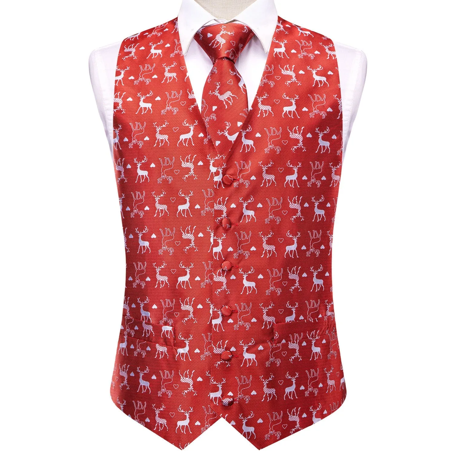 Red White Christmas Deer Novelty Jacquard Silk Men's Vest Hanky Cufflinks Tie Set