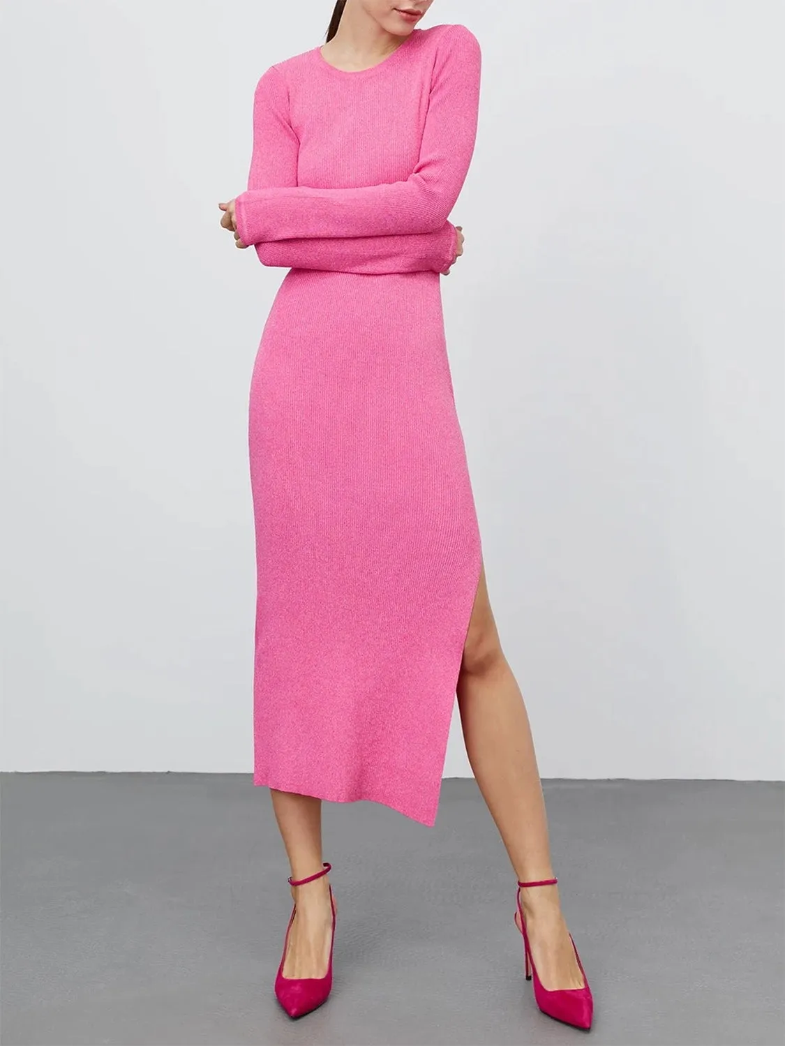 Round Neck Slit Sweater Dress