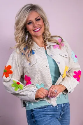 Seeking Adventure Oatmeal/Multi Color Floral Corduroy Cropped Jacket - O5515OA