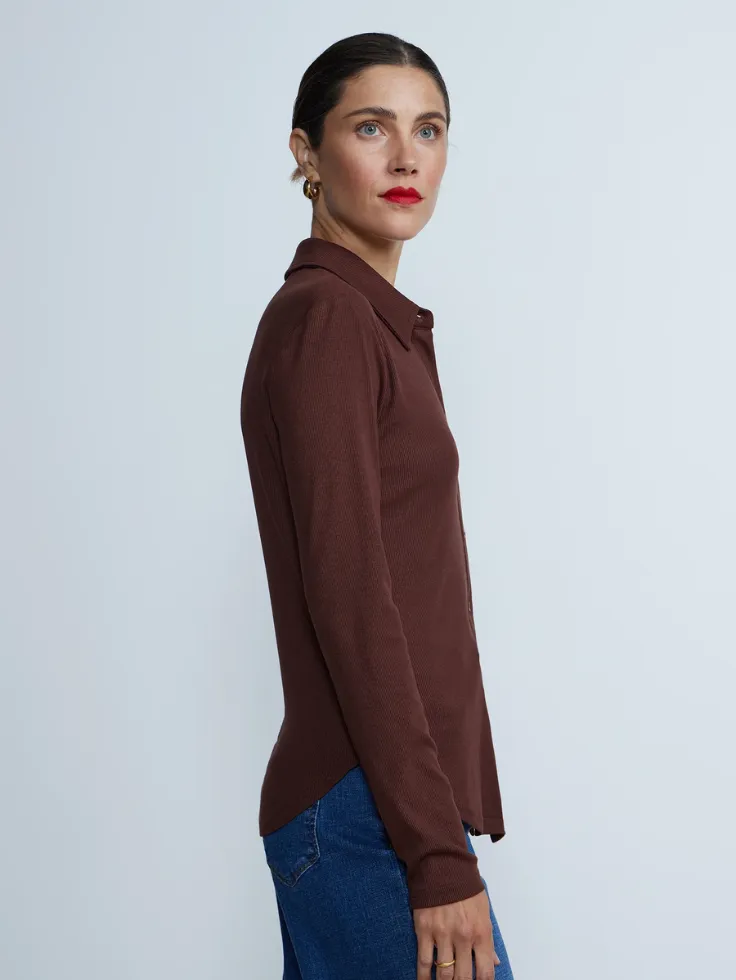 SGW Dark Brown V-Neck Knit Shirt Full Button - Full Sleeves