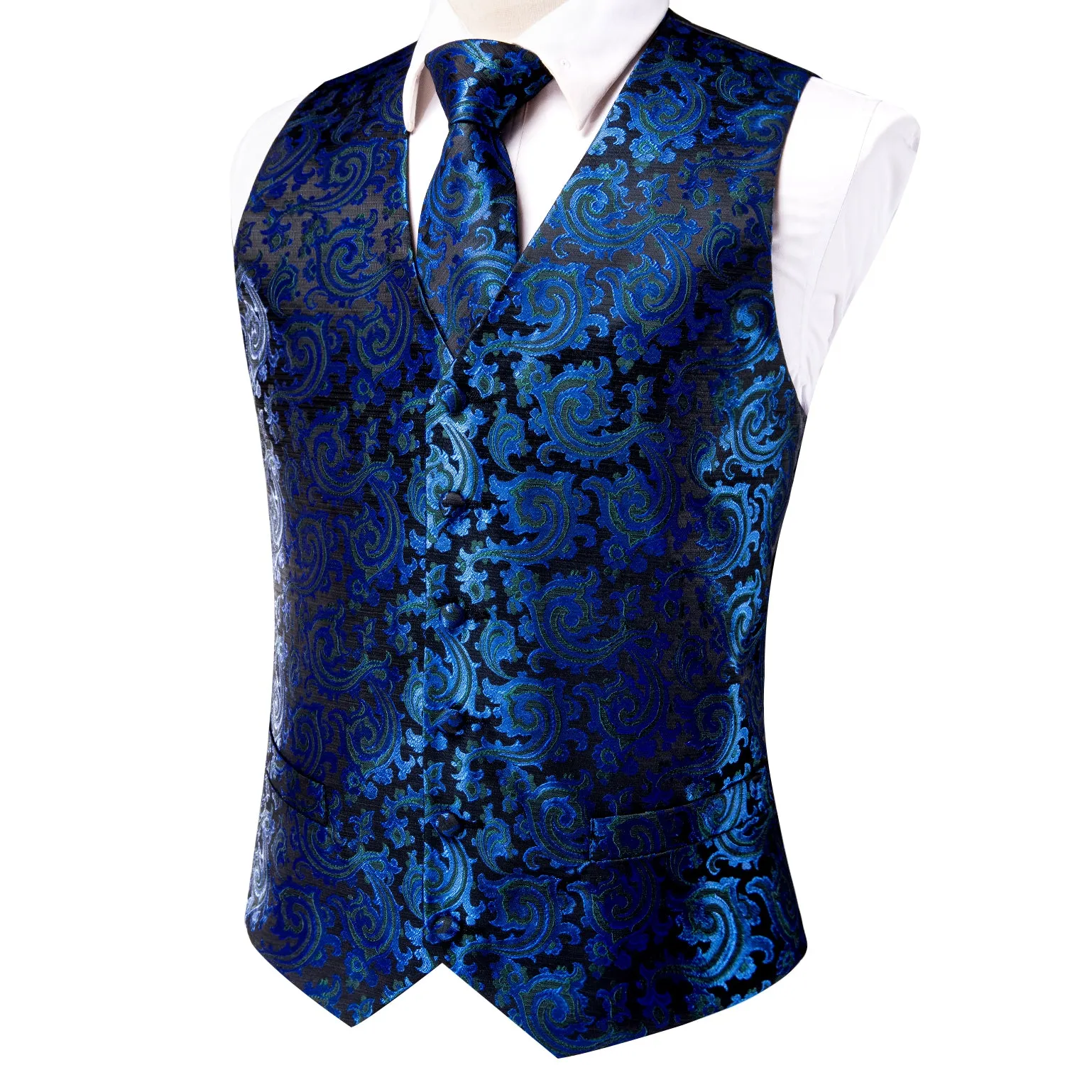 Shining Blue Floral Jacquard Silk Men's Vest Hanky Cufflinks Tie Set