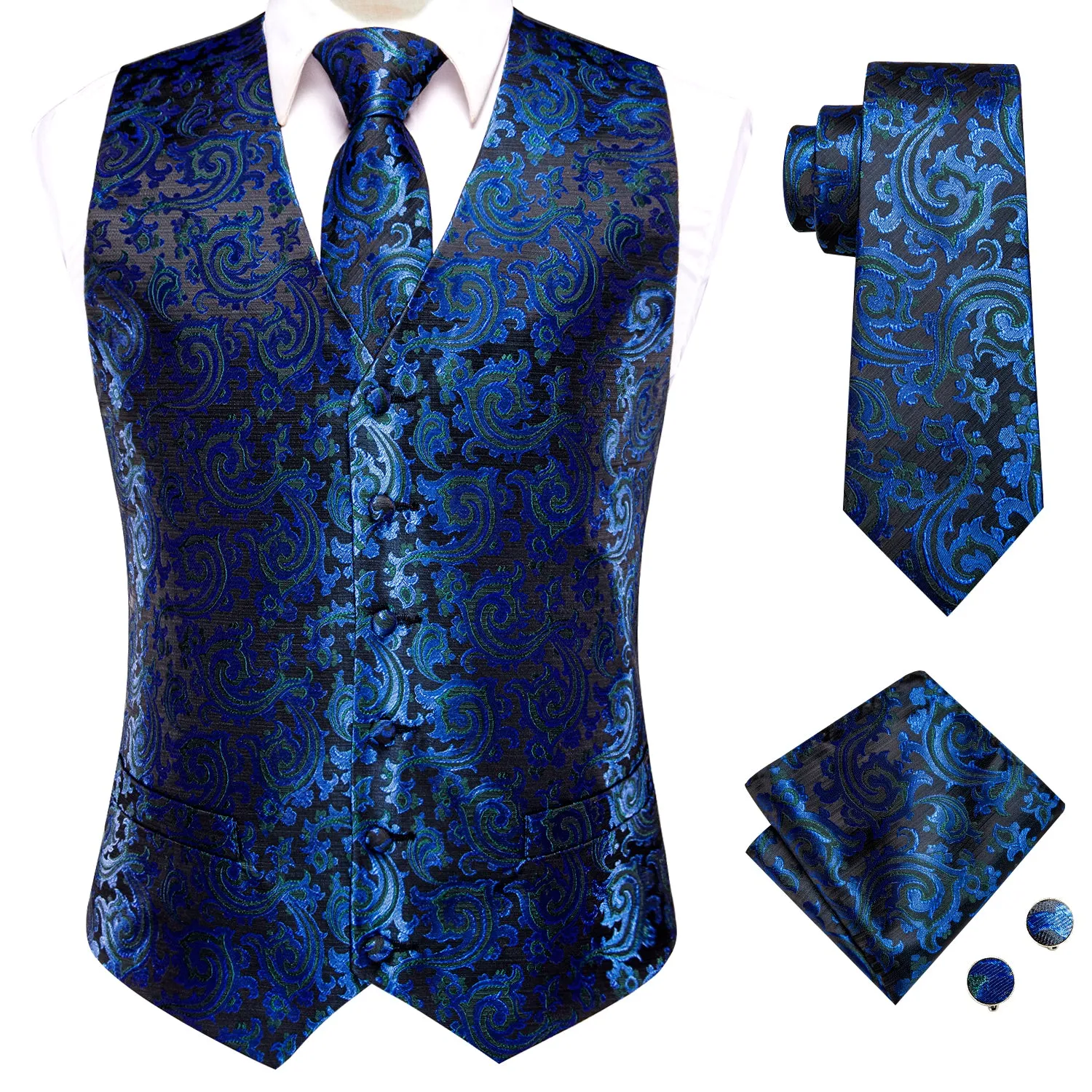 Shining Blue Floral Jacquard Silk Men's Vest Hanky Cufflinks Tie Set