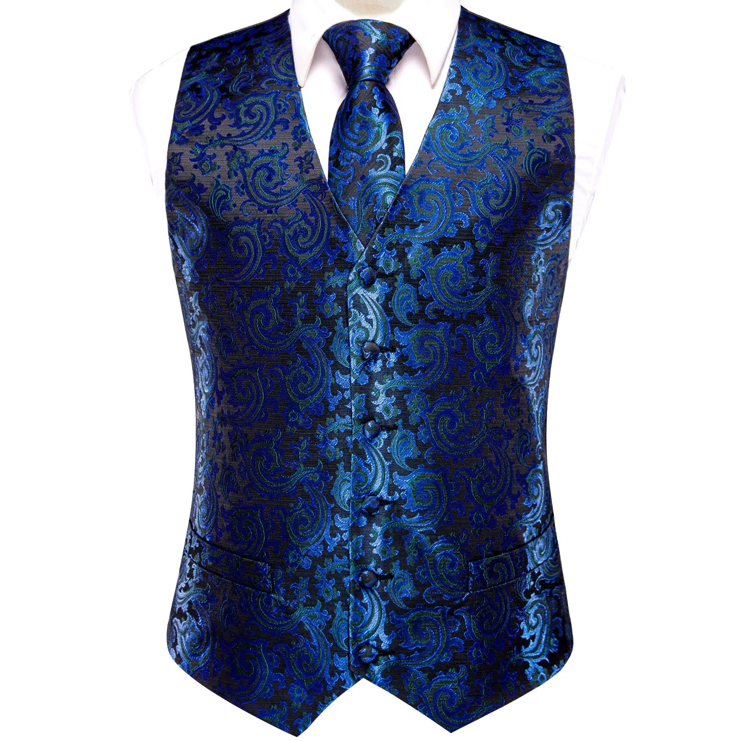 Shining Blue Floral Jacquard Silk Men's Vest Hanky Cufflinks Tie Set