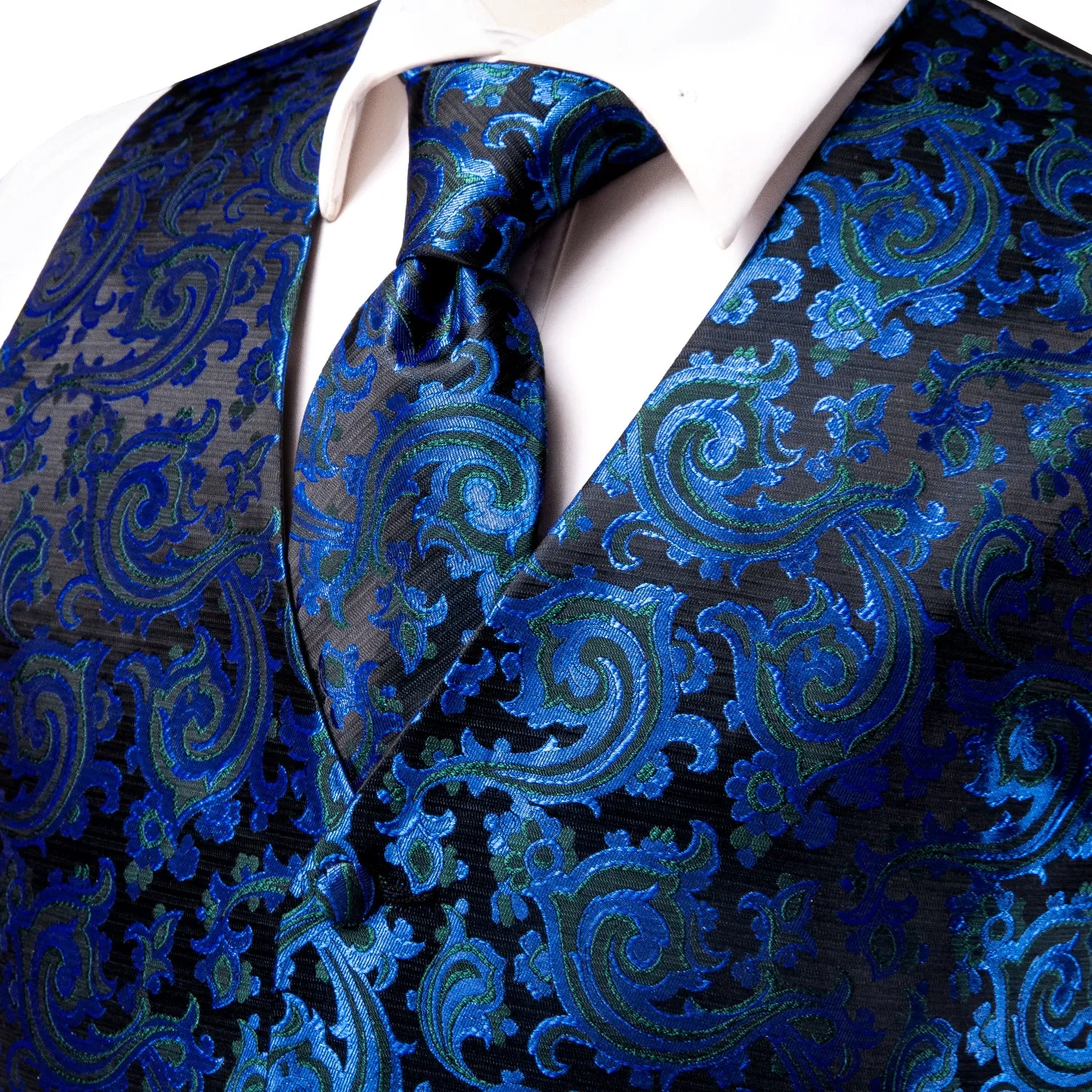 Shining Blue Floral Jacquard Silk Men's Vest Hanky Cufflinks Tie Set