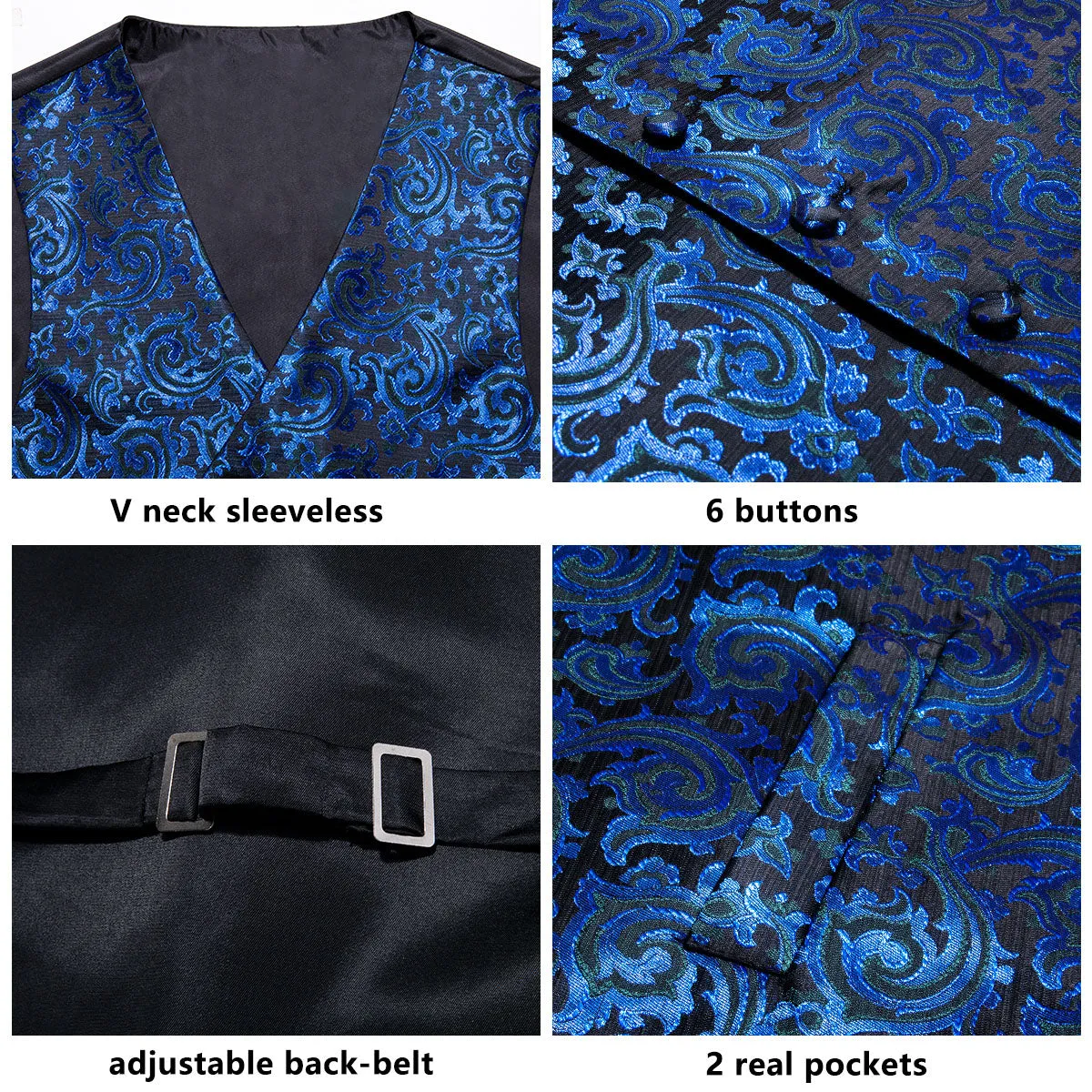 Shining Blue Floral Jacquard Silk Men's Vest Hanky Cufflinks Tie Set