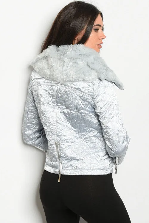 Silver Faux Fur Quilted Jacket