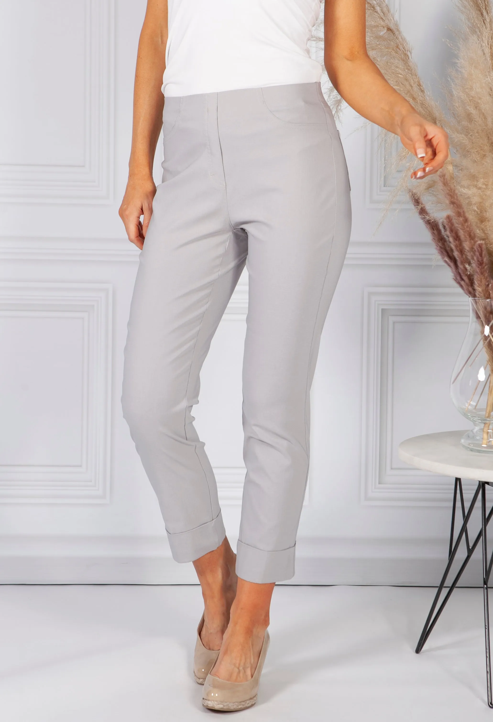 SILVER GREY MAGIC SHAPE CROPPED TURN UP TROUSERS