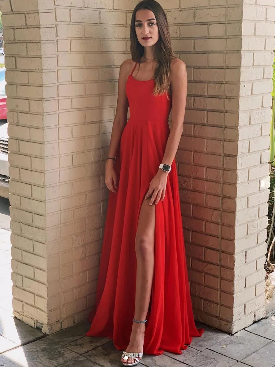 Simple A Line Backless Red Long Prom with Leg Slit, Sexy Backless Red Formal Graduation Evening