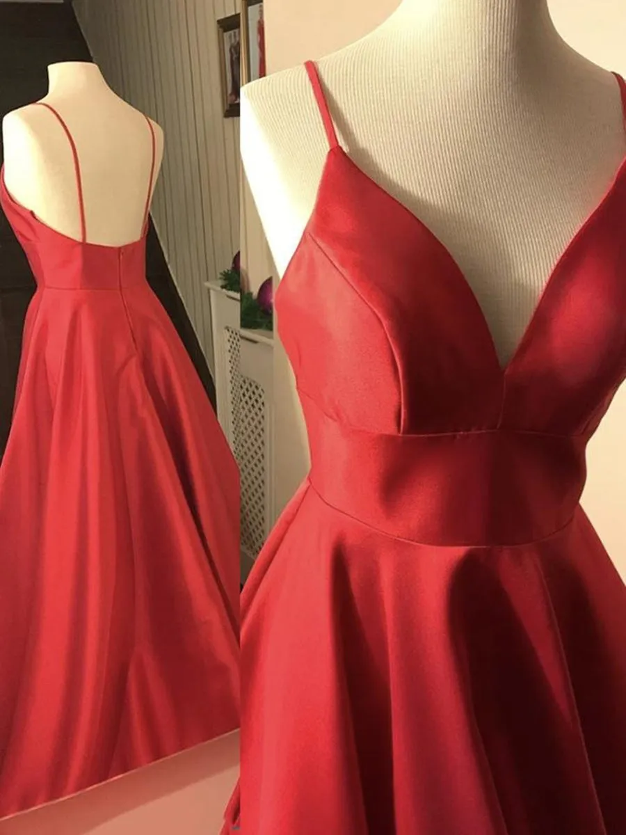 Simple A Line V Neck Backless Red Satin Long Prom, Backless Red Formal, Red Evening