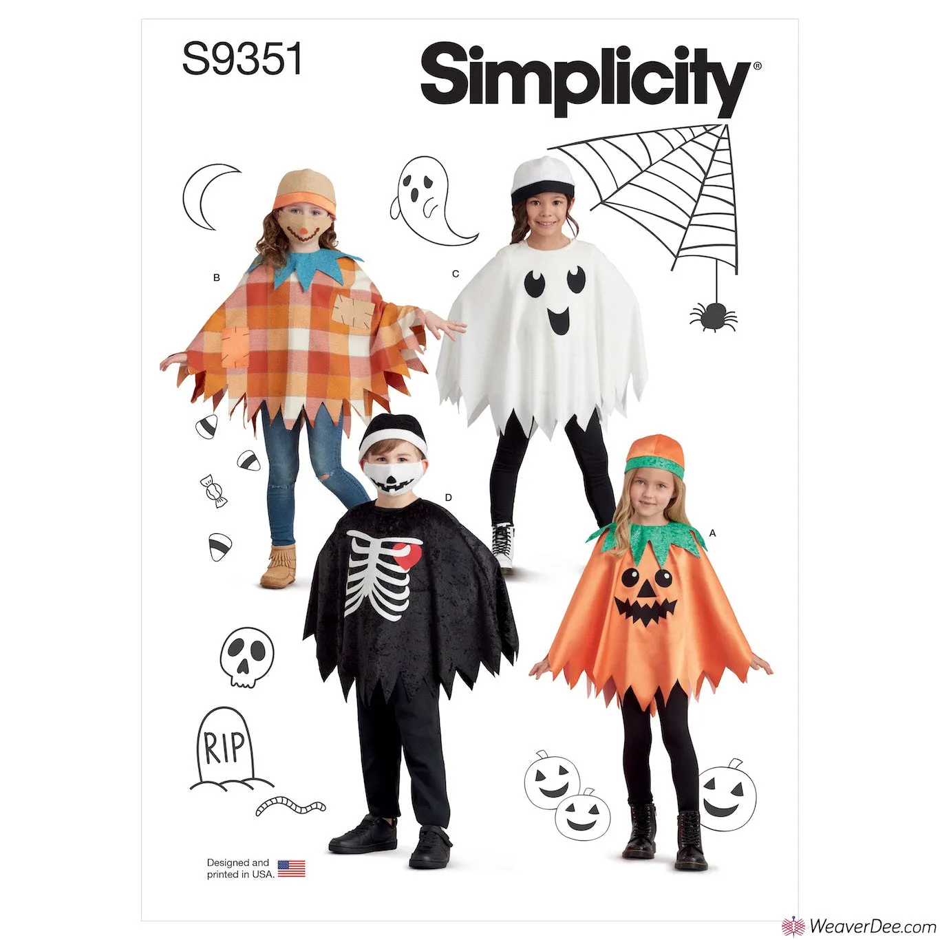 Simplicity Pattern S9351 Children's Poncho Costumes - Pumpkin, Scarecrow, Ghost, Skeleton